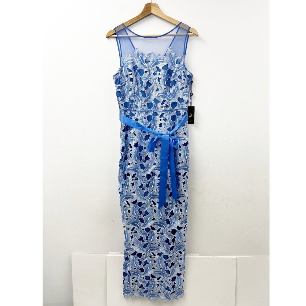 New Adrianna Papell Womens Illusion Neck Tonal Lace Gown Dress, Blue Sz 8 NWT - Picture 2 of 12
